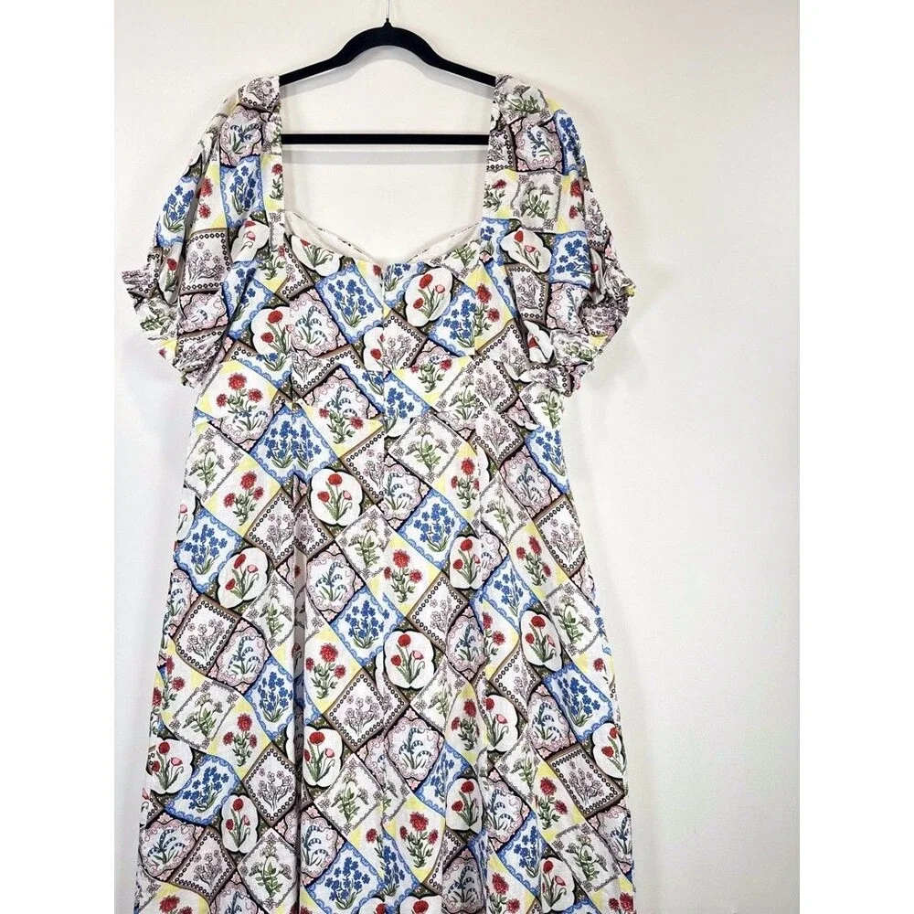 Boden Midi Dress Blue Sweetheart Linen Floral Patchwork Puff Sleeve Boho 20/22